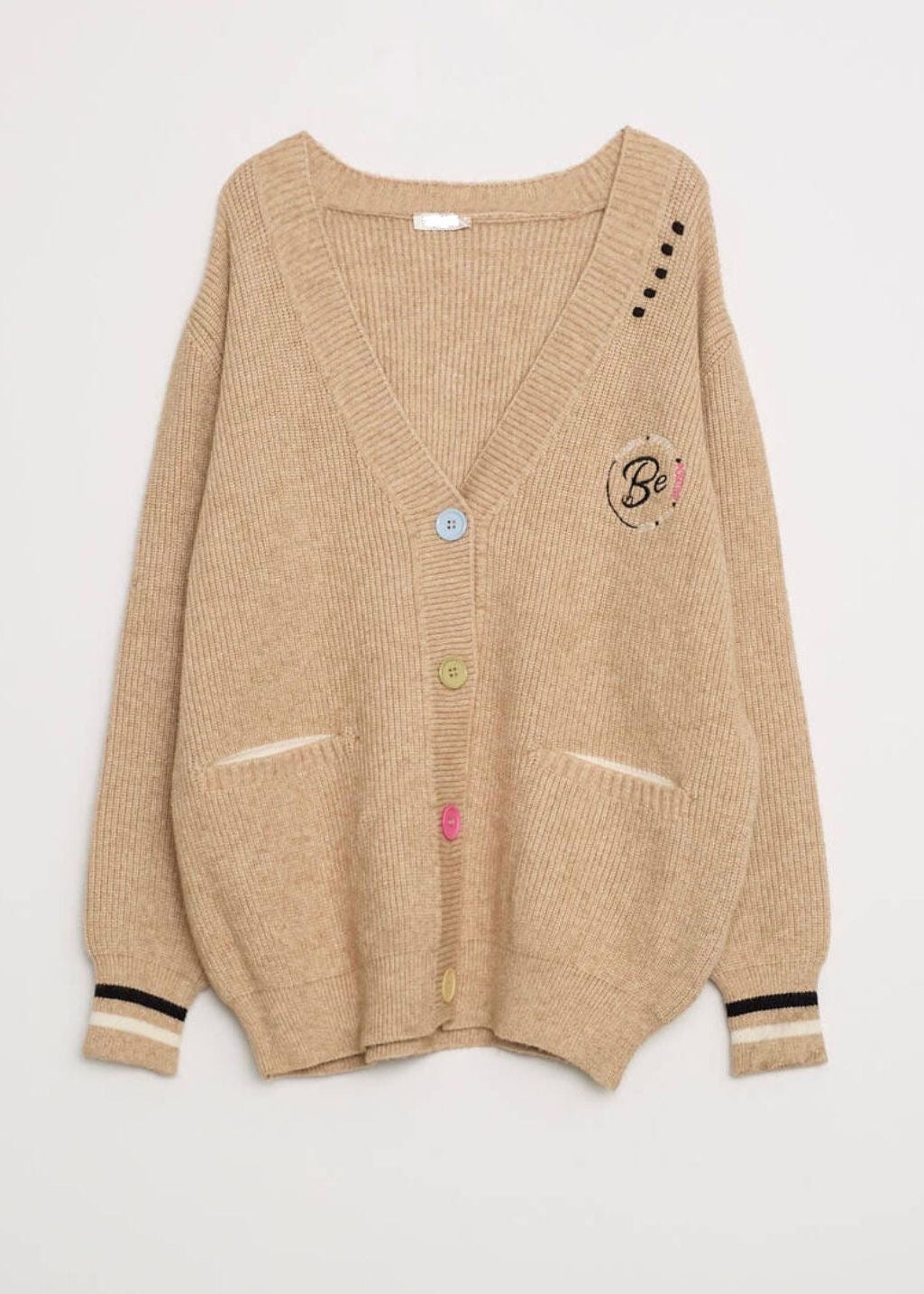 Beige Colorful Buttoned Sweater