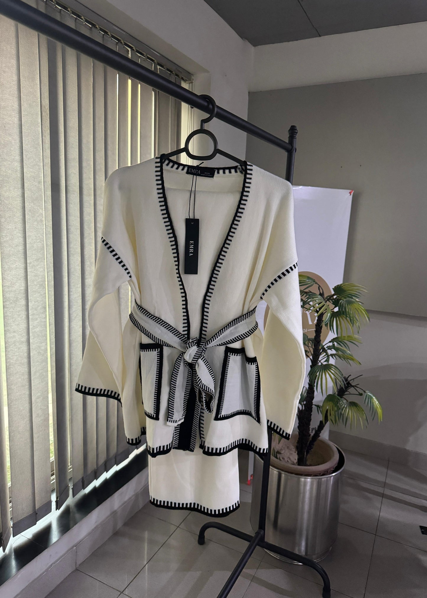 White Tie Belt Cardigan Set