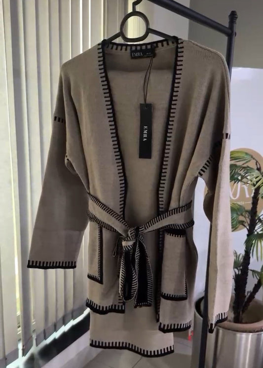 Brown Tie Belt Cardigan Set