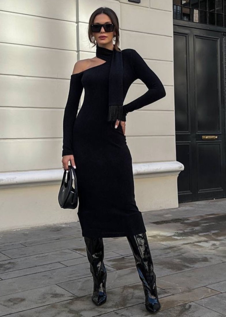 Black Dress With Scarf Detail