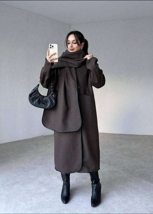 Brown Oversized Coat With Detachable Scarf